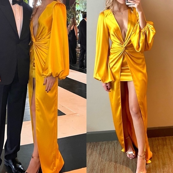 REVOLVE Dresses & Skirts - NWT Yellow Gown Satin Dress Maxi Long Sleeve Sexy Wedding Guest Formal Size S